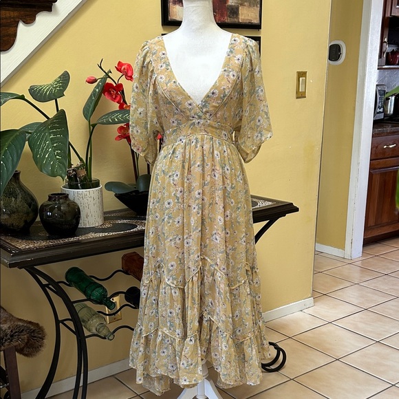 Storia Clarity Tiered Ruffle Floral Cottage Core Washed Yellow Maxi Dress Med - Picture 3 of 16